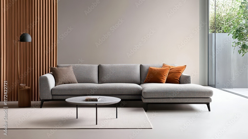 Fototapeta premium Stylish modern living room featuring a cozy sofa and compact furniture for a welcoming atmosphere.