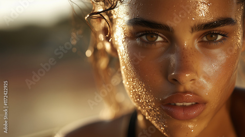 Intense close-up of a female athlete with sweat glistening on her face, studio lighting highlighting her strength and drive in a competitive setting photo