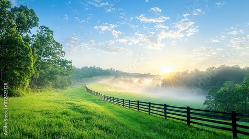 A peaceful fenced pasture bathed in the soft glow of morning sunlight, with tall trees casting long shadows across the grass, evoking a tranquil rural scene