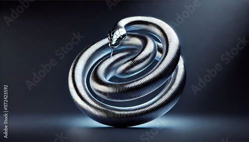 A metallic silver snake curled in a spiral shape, glinting under soft white light with a deep navy blue background, creating a futuristic and sleek impression.
