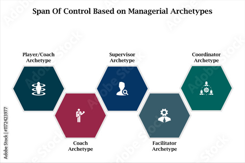 Five aspects of Span of control based on Managerial Archetypes. Infographic template with icons and description placeholder