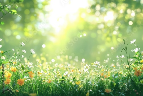 Vibrant flowering grass field in nature captivating spring landscape lush environment sunlit viewpoint serenity concept