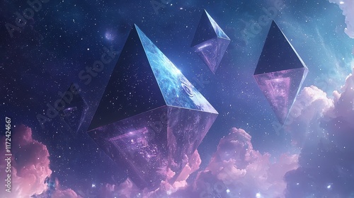 Glowing geometric pyramids floating in a starry sky