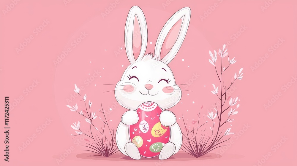 A simple clipart of a smiling Easter bunny holding a decorated egg, with clean lines and pastel colors. A simple clipart of a smiling Easter bunny holding a decorated egg, with clean lines and pastel colors.