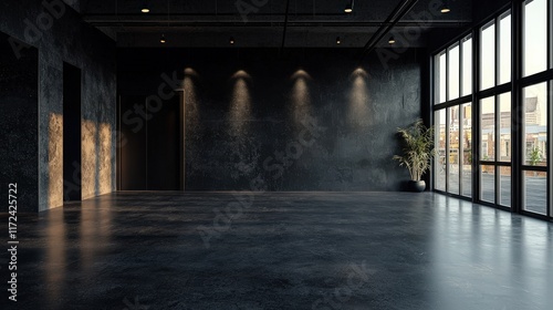 Wallpaper Mural A small modern black warehouse with an empty interior, featuring sleek black walls, polished concrete floors, and large industrial windows that allow natural light to fill the space. Torontodigital.ca