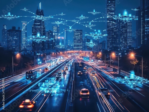 A digital cityscape showcasing interconnected drones and vehicles, dynamic and efficient photo