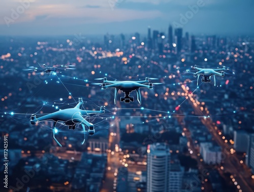 A digital cityscape showcasing interconnected drones and vehicles, dynamic and efficient photo