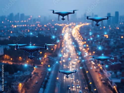 A digital cityscape showcasing interconnected drones and vehicles, dynamic and efficient photo