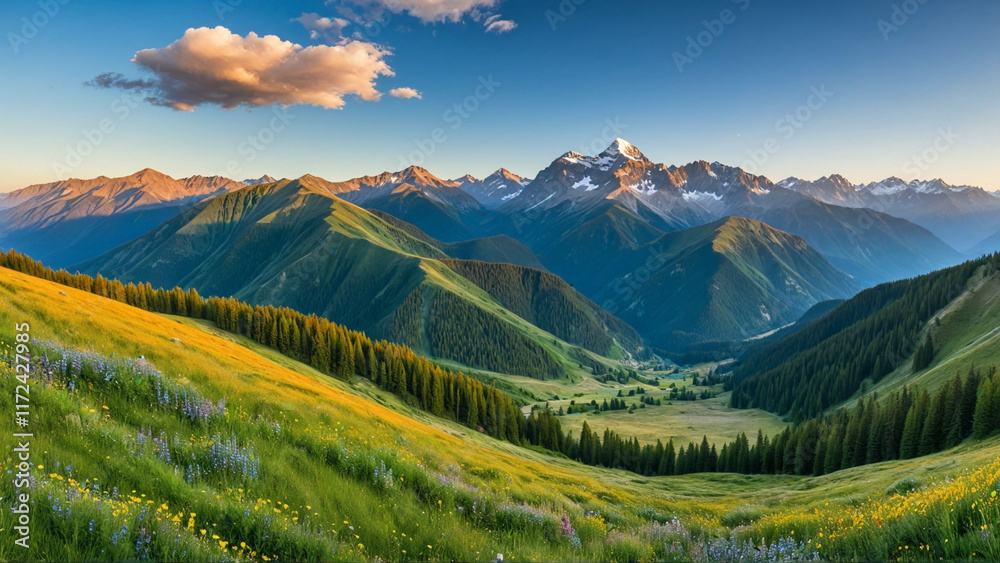 Fototapeta premium Stunning panorama of the mountain landscape, featuring rolling hills and majestic peaks under a clear blue sky