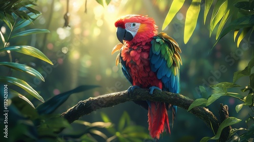 A vibrant tropical parrot perched on a lush green branch, its colorful feathers glowing under soft sunlight photo