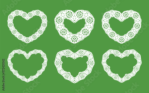 Laser cut frame in the shape of a heart with lace border. A set of the foundations for paper doily for a wedding. Vector templates for cutting out.
