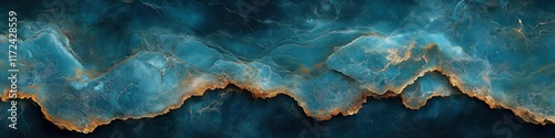 A close-up of the surface texture of blue marble with dark veins and a deep oceanic color palette. The blurred background with turquoise tones highlights the intricate patterns on the stone.