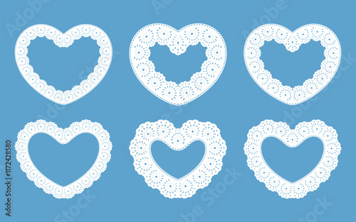 Laser cut frame in the shape of a heart with lace border. A set of the foundations for paper doily for a wedding. Vector templates for cutting out.
