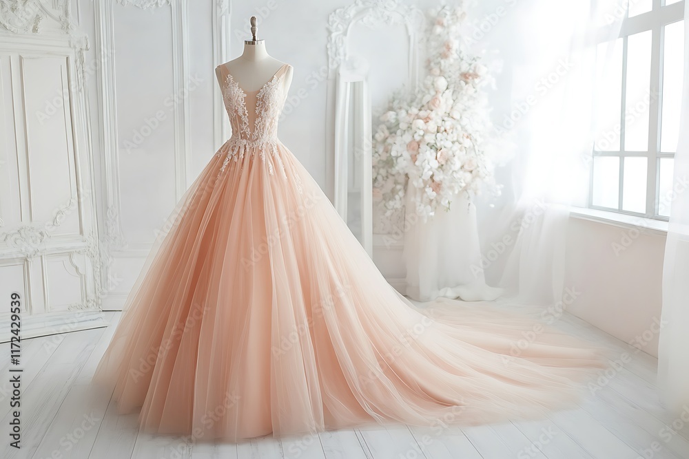 A beautiful bridal dress hanging in a well-lit room with vintage decor. The room features elegant furniture and a large window A beautiful bridal dress hanging in a well-lit room with vintage decor. The room features elegant furniture and a large window