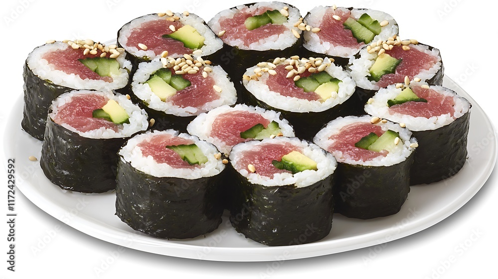Tuna avocado sushi rolls plate studio shot. Tuna avocado sushi rolls plate studio shot.