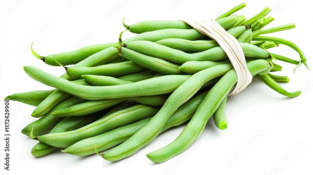 Fresh green beans bundled together for cooking or sale. Fresh green beans bundled together for cooking or sale.