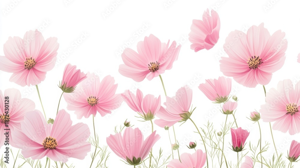 Watercolor Illustration set of Pink cosmos flowers on a white background,spring summer nature,Vibrant pink cosmos blooming,Children's card,banner,raindrops drawn by hand. Watercolor Illustration set of Pink cosmos flowers on a white background,spring summer nature,Vibrant pink cosmos blooming,Children's card,banner,raindrops drawn by hand.