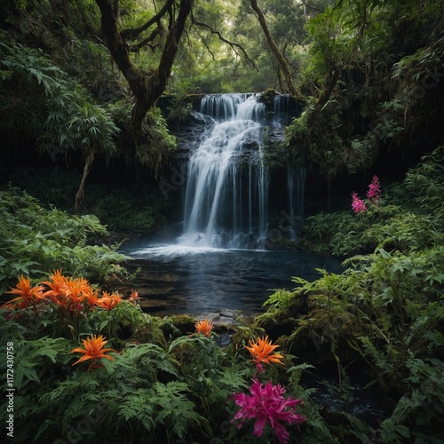 A hidden waterfall surrounded by vibrant, otherworldly flora.