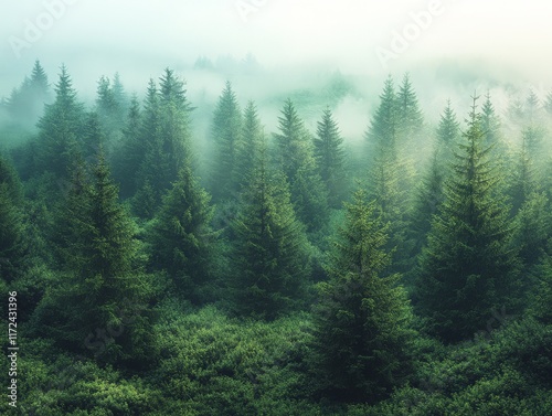 A misty forest landscape filled with lush evergreen trees and soft fog.
