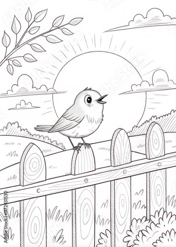 A cute nightingale perched on a fence, looking at the sunset, drawn as an outline sketch, only black lines, no colors, simple and clean for a children's coloring book. photo