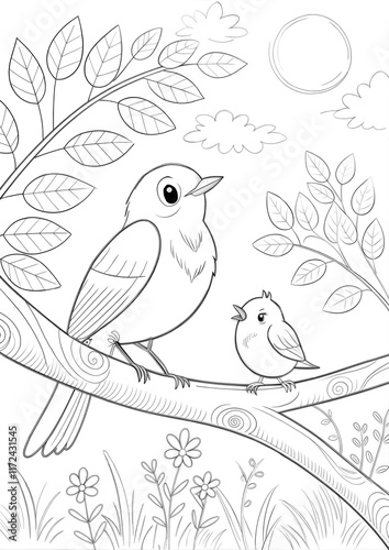 A cute nightingale perched on a tree with a baby bird next to it, drawn as an outline sketch, only black lines, no colors, simple and clean for a children's coloring book. photo