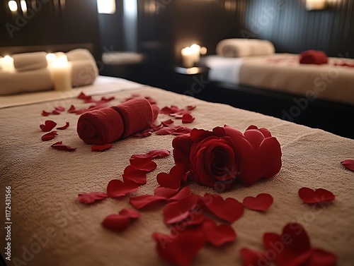 Romantic spa setting with rose petals, candles, and towels.