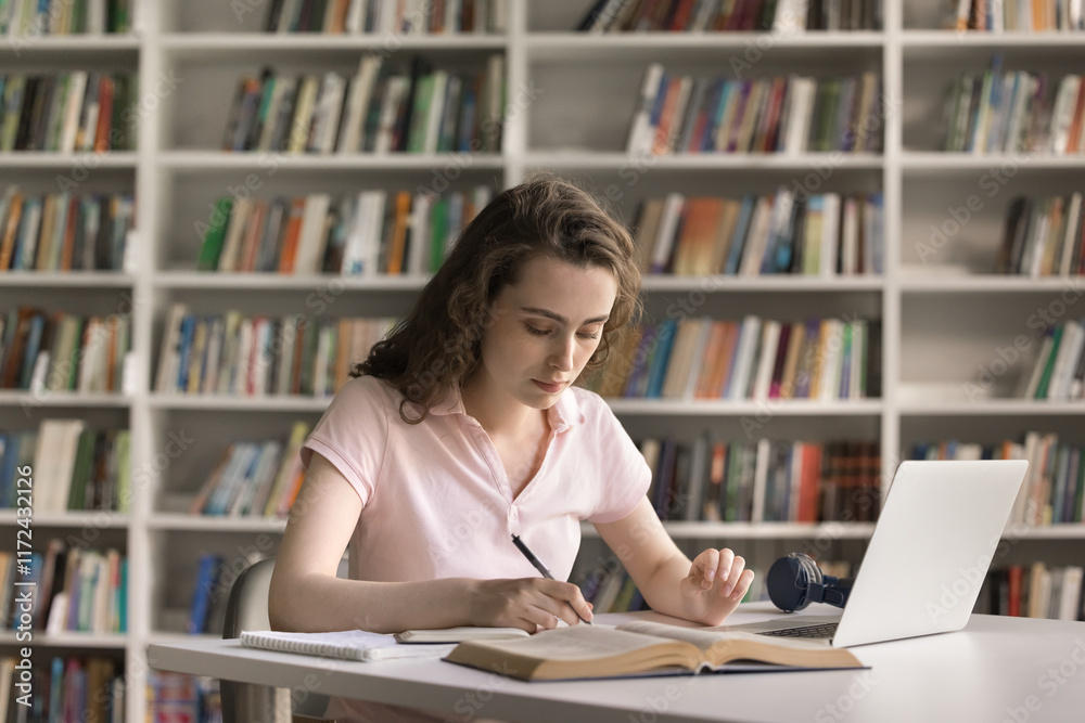 Student at work. Busy young female diligent high school learner engaged in studying at library do homework prepare for lecture seminar handwriting essay using paper books electronic app on notebook Student at work. Busy young female diligent high school learner engaged in studying at library do homework prepare for lecture seminar handwriting essay using paper books electronic app on notebook