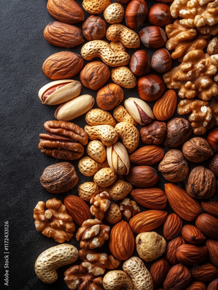 A variety of nuts arranged on a dark surface, showcasing their diverse shapes and textures. A variety of nuts arranged on a dark surface, showcasing their diverse shapes and textures.