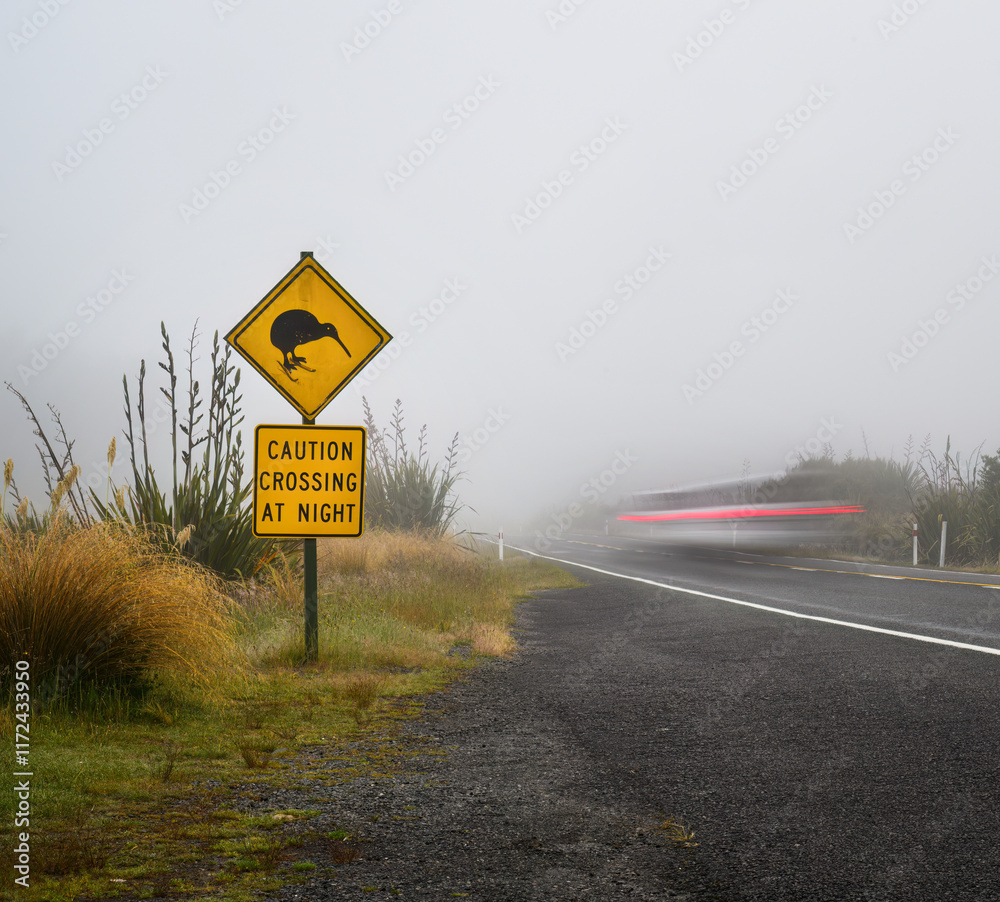 Kiwi Crossing at Night road sign by the side of road. A car light trail speeding pasting the sign in the fog. Tongariro National Park. New Zealand.