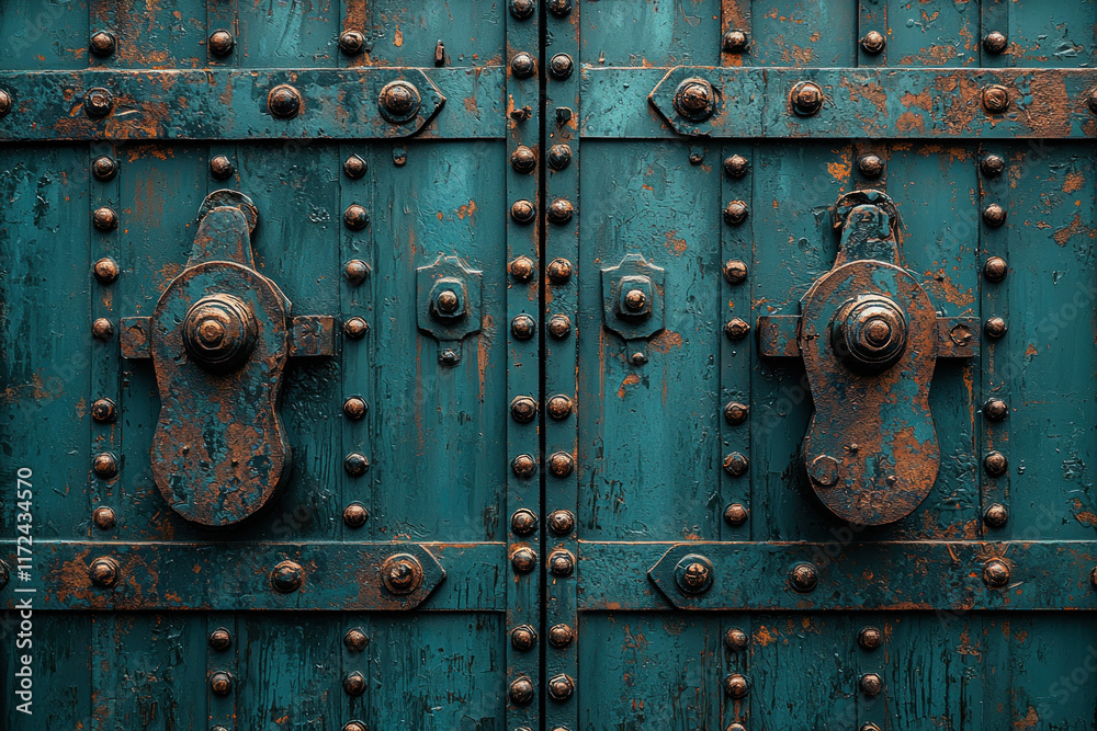Weathered teal metal door with ornate latches, rivets, and aged patina Weathered teal metal door with ornate latches, rivets, and aged patina