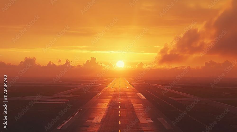 A peaceful airport runway stretching into the horizon, illuminated by the soft orange light of a radiant sunrise A peaceful airport runway stretching into the horizon, illuminated by the soft orange light of a radiant sunrise