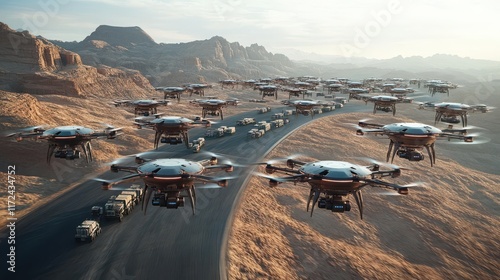 Craft a photorealistic 3D model of a drone swarm coordinating to protect a convoy in a desert landscape, emphasizing security from a Birds-eye View photo