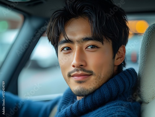 Japanese Man Driving in City Portrait Photography Urban Environment Close-Up View photo