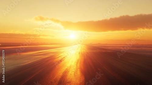 A scenic airport runway reflecting the golden light of a radiant sunrise, stretching into the distance