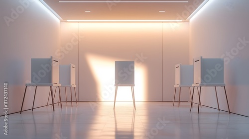 A white minimalist space illuminated with a soft, warm light displaying white ballot boxes photo