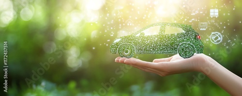 Clean energydriven transport visual, hand holding a green car in the sky with global logistics icons photo