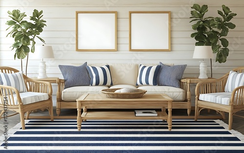 Coastal living room interior design;  sofa, chairs, rug. Home d?cor inspiration. photo