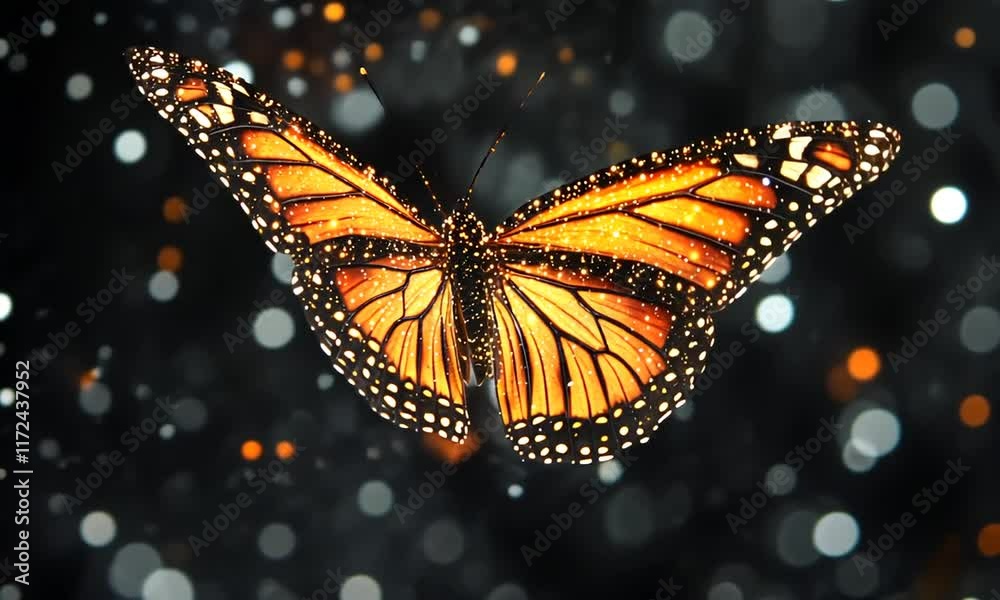 Glimmering Monarch Butterfly in Sparkling Night Sky Magical Creature of the Night Glimmering Monarch Butterfly in Sparkling Night Sky Magical Creature of the Night