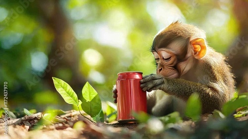 A curious monkey holding a bright red can in a sunlit forest, an intriguing scene that highlights wildlife interaction with discarded human objects in natural environments. photo