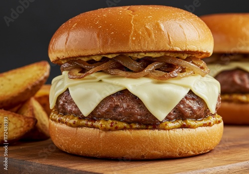 A close-up of a delicious cheeseburger with melted cheese, tomato, lettuce, and a sesame seed bun, capturing its appetizing appeal