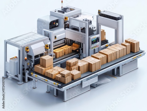 Design a digital CG 3D rendering of an automated conveyor belt sorting packages with precision photo