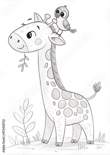 A cute giraffe with a bird perched on its back, drawn as an outline sketch, only black lines, no colors, simple and clean for a children's coloring book. photo