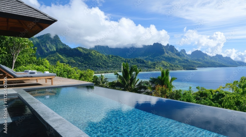 Obraz premium A luxurious infinity pool on a villa terrace, seamlessly blending into panoramic views of a tropical paradise