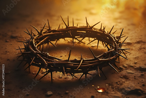 The reversal of the crown of thorns and the crown symbolizing suffering and trials, and the background of the Holy Week poster signifying the death and resurrection of Jesus
