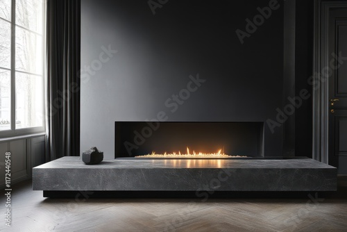 Modern fireplace, luxury apartment, burning fire, gray wall, herringbone floor, interior design photo