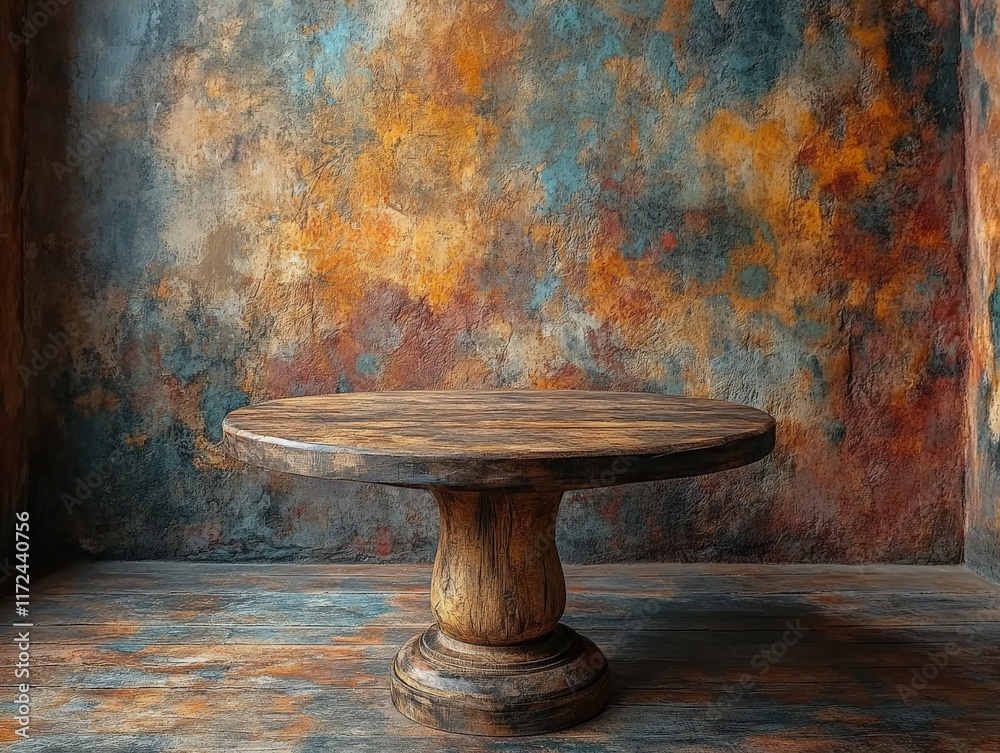 A rustic wooden table against a textured, colorful wall, creating a warm atmosphere. A rustic wooden table against a textured, colorful wall, creating a warm atmosphere.