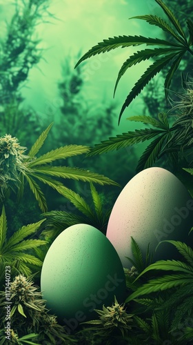 Easter eggs with marijuana buds in the background for legal cannabis advertisement background. photo