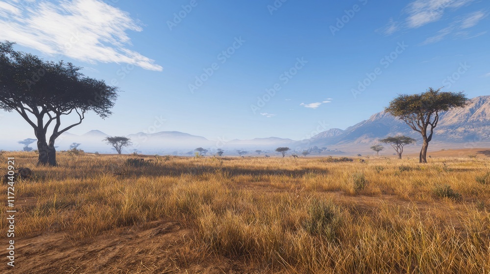 Serene landscape with grasslands and distant mountains under blue sky. Serene landscape with grasslands and distant mountains under blue sky.