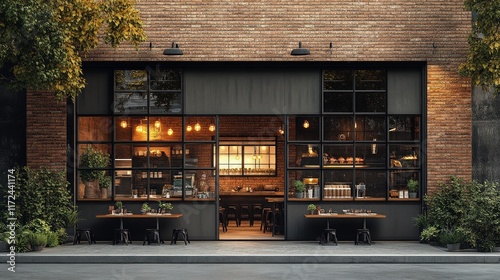 Urban fast food restaurant exterior with a trendy industrial design, clean brick walls, and large windows, ample space in the foreground for copy text