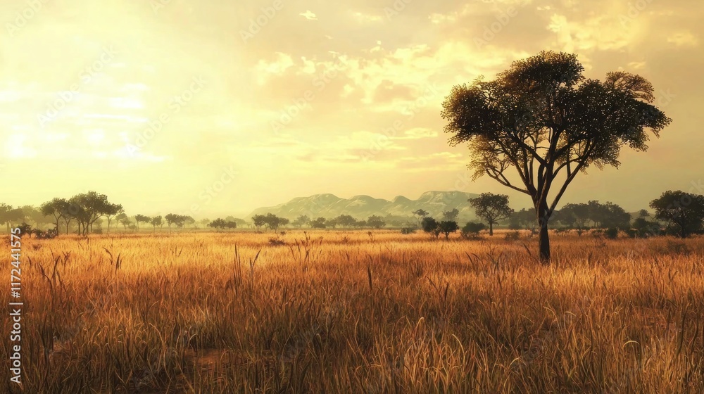 Serene sunset over a golden savanna landscape with distant hills. Serene sunset over a golden savanna landscape with distant hills.